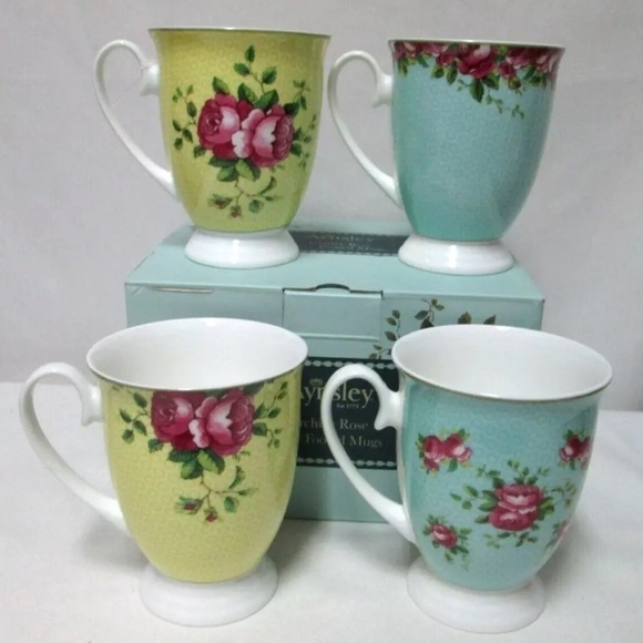 AYNSLEY Archive Rose footed Mugs Cups floral yellow blue Footed Fine China NEW - Picture 3 of 10